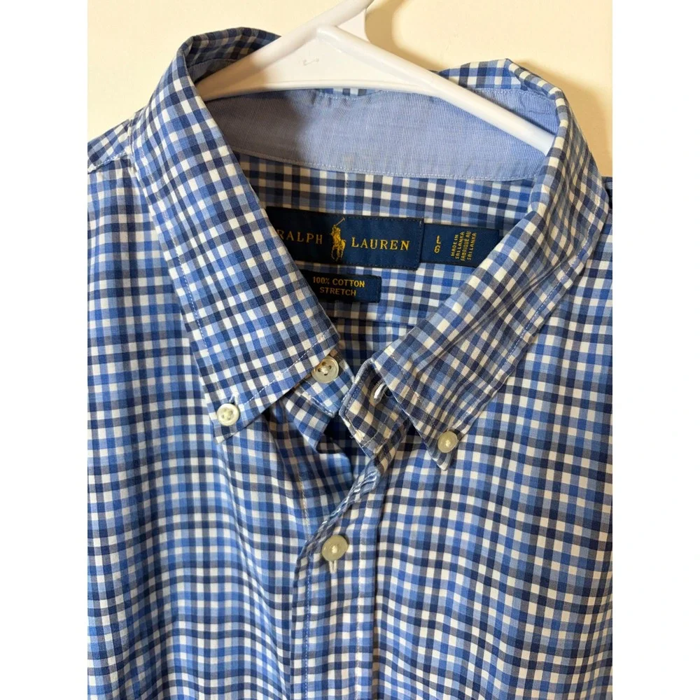 Polo Ralph Lauren Mens Blue Gingham Check Cotton Stretch Button Down Shirt L